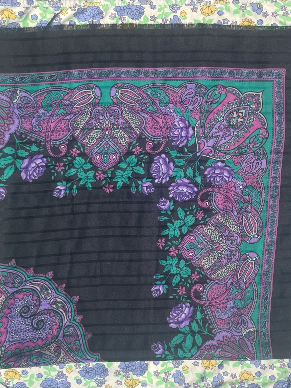 Vintage Made in Italy Black Sheer Stripe Scarf Shawl Purple Teal Paisley Floral